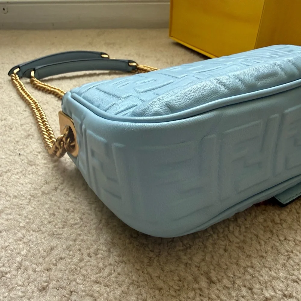 Fendi Light Blue Lambskin Zucca Baguette Gold Chain with Gold Hardware Full Set - Picture 13 of 16